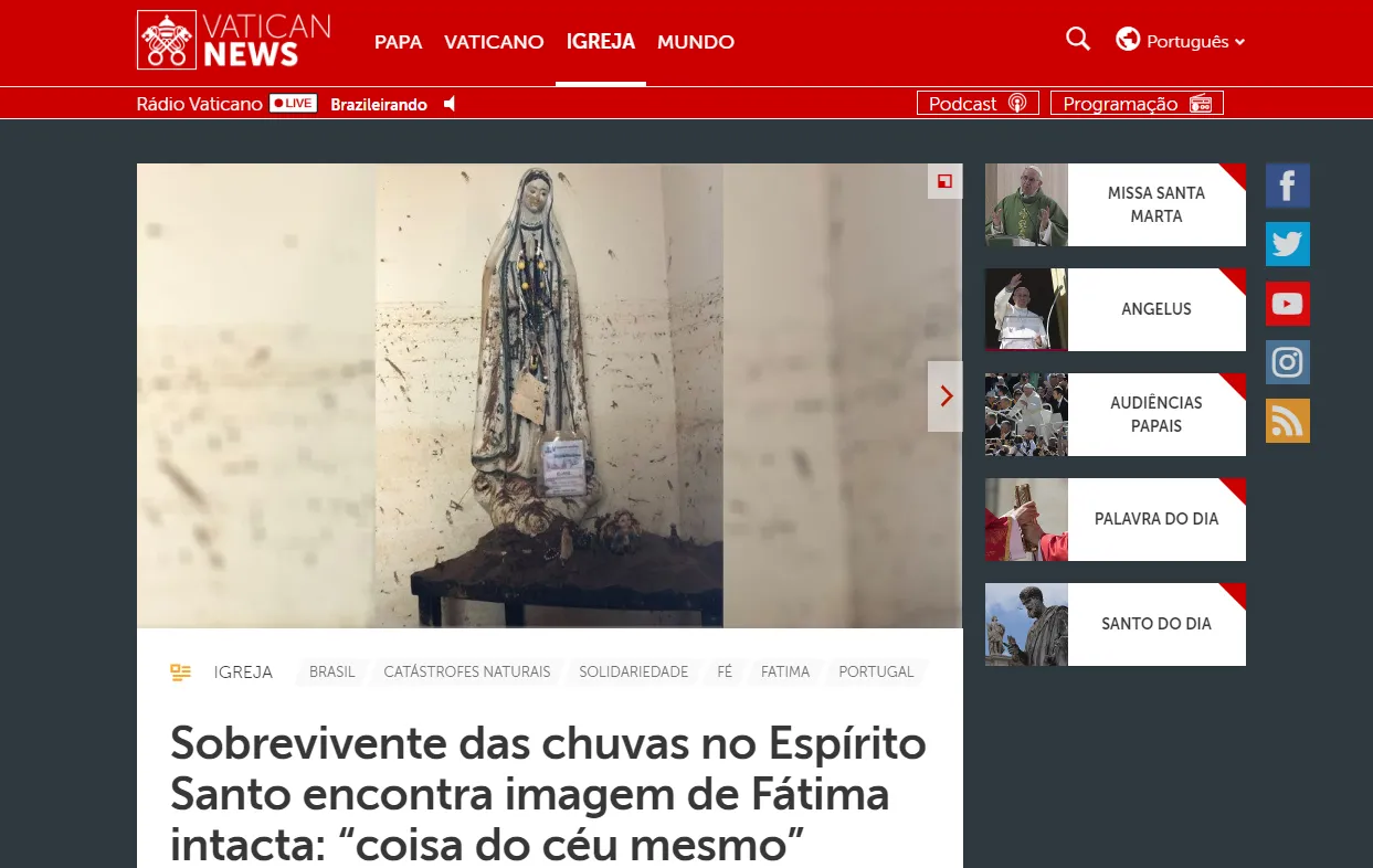 Imagem ilustrativa da imagem História de santa encontrada intacta após enchente em Iconha chega ao Vaticano