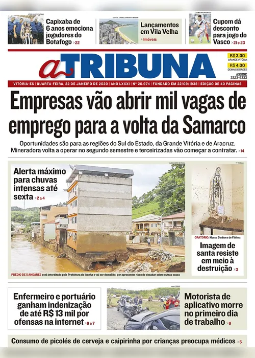 Imagem ilustrativa da imagem Clique aqui e veja os destaques do jornal A Tribuna desta quarta