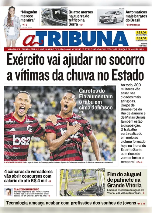 Imagem ilustrativa da imagem Clique aqui e veja os destaques do jornal A Tribuna desta quinta