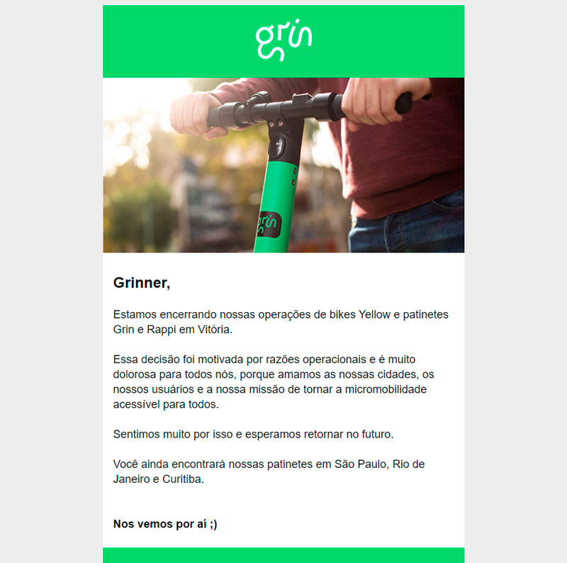 Comunicado da Grin foi enviado nesta quarta-feira para os usuários (Foto: Reprodução)