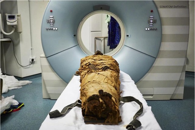 Os restos mortais do religioso Nesyamun está exposto no Museu da Cidade de Leeds, na Inglaterra (Foto: Leeds Teaching Hospitals/Leeds Museums and Galleries via Nature)