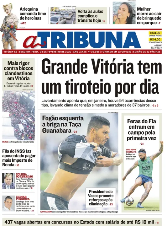 Imagem ilustrativa da imagem Clique aqui e veja os destaques do jornal A Tribuna desta segunda