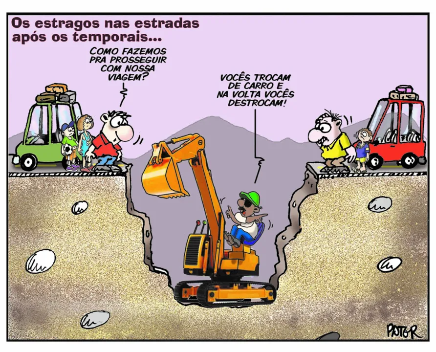 Imagem ilustrativa da imagem O estrago nas estradas após os temporais é tema da charge do dia