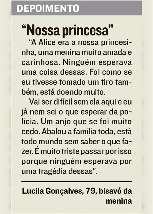 Imagem ilustrativa da imagem "A mãe dela só sabe chorar. Ela quer Justiça", diz tia da menina Alice
