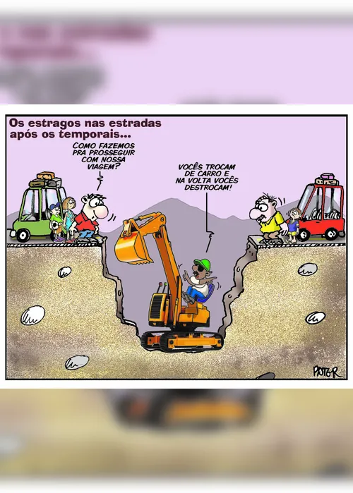 Imagem ilustrativa da imagem O estrago nas estradas após os temporais é tema da charge do dia