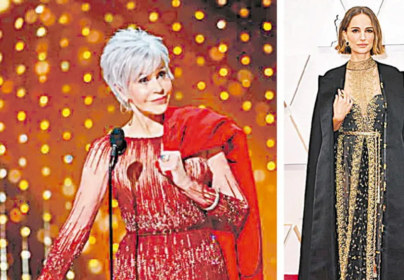 Jane Fonda usou vestido de 2014, Natalie bordou nomes de mulheres