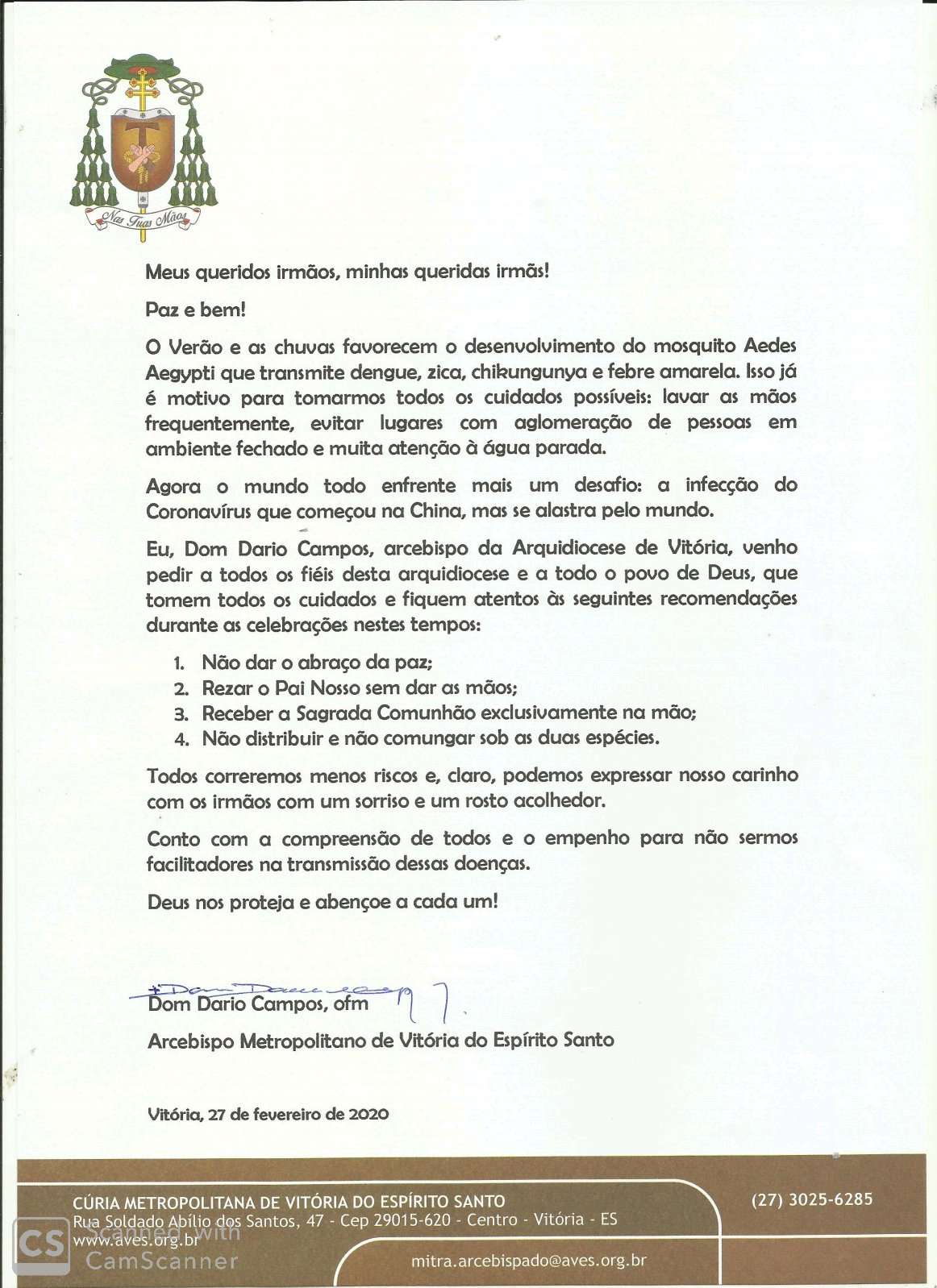 Carta foi escrita pelo arcebispo de Vitória, Dom Dario Campos (Foto: Reprodução Arquidiocese de Vitória)