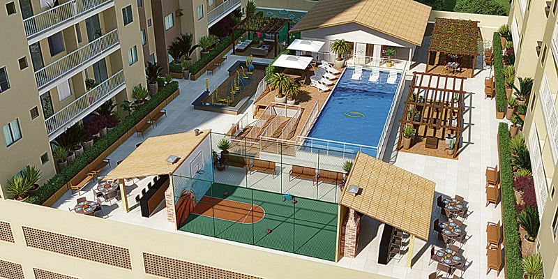 Área de lazer do Vivenda Tropical: condomínio terá piscina, playground, praça, fitness, quadra de streetball, espaço grill, salão de festas, além de espaço  e terraço gourmet entre os itens de lazer. Obras serão entregues no primeiro semestre de 2022. Preço parte de R$ 134.900 (Foto: Divulgação / Pinheiro de Sá)
