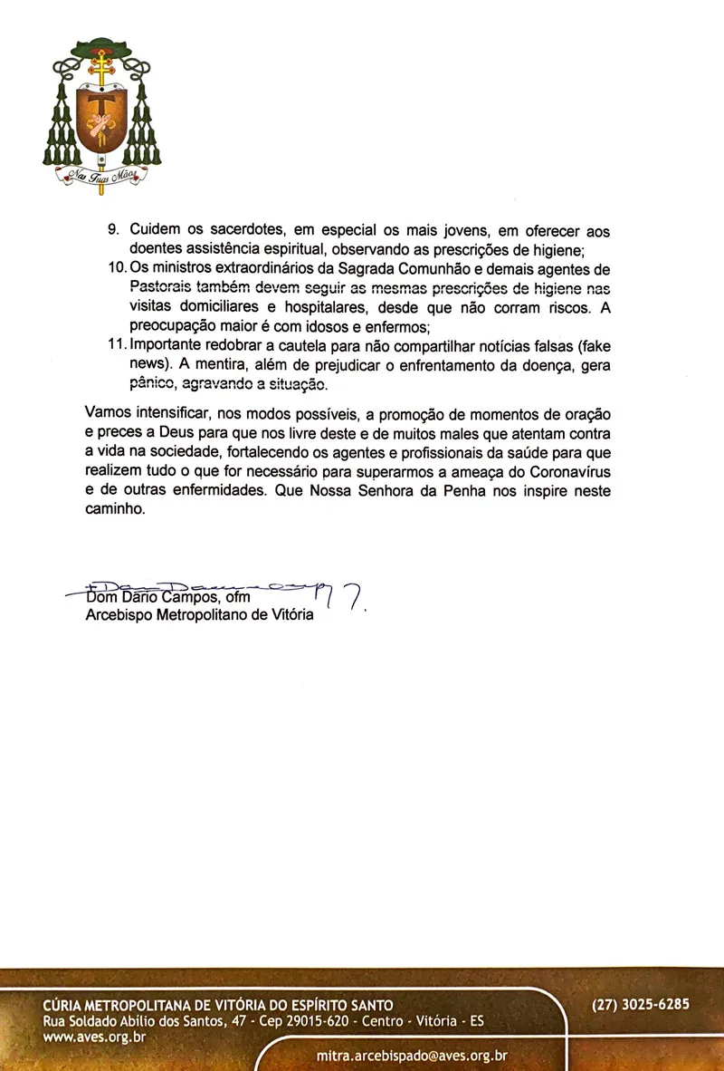 Imagem ilustrativa da imagem Arcebispo de Vitória dispensa fieis de participação em missas e celebrações