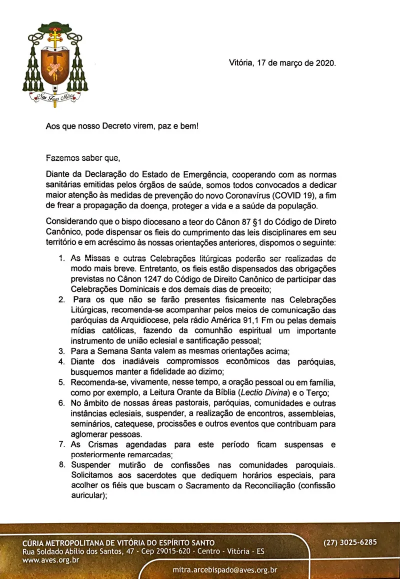 Imagem ilustrativa da imagem Arcebispo de Vitória dispensa fieis de participação em missas e celebrações