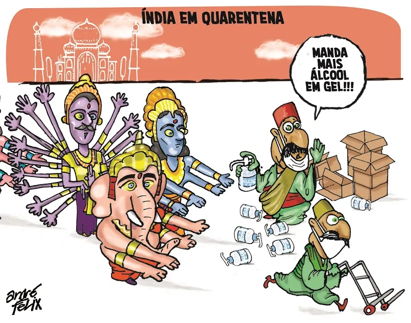 Imagem ilustrativa da imagem Índia em quarentena é tema da charge do André Felix desta quinta