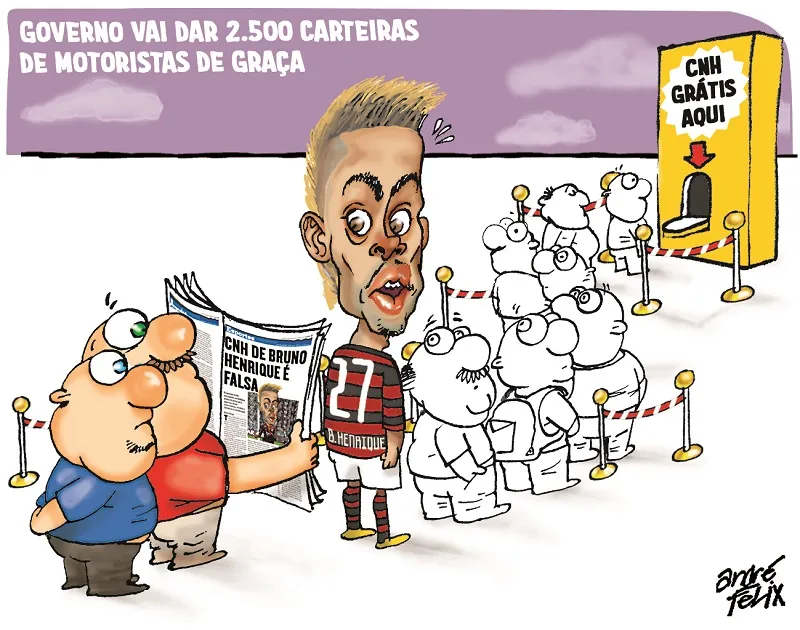 Imagem ilustrativa da imagem CNH falsa do Bruno Henrique é tema da charge do André Felix