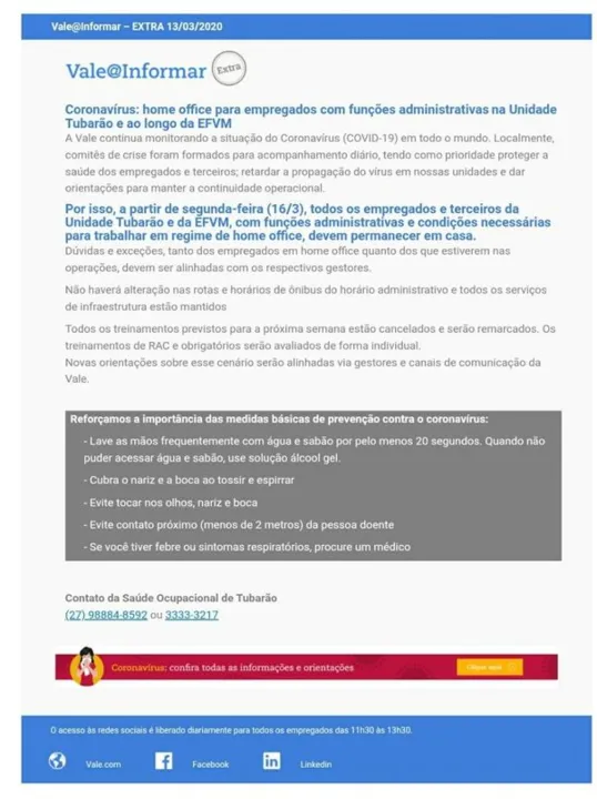 Imagem ilustrativa da imagem Vale libera funcionários do setor administrativo para trabalhar de casa