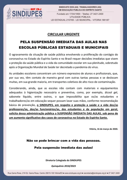 Imagem ilustrativa da imagem Sindicato pede suspensão imediata das aulas no Espírito Santo
