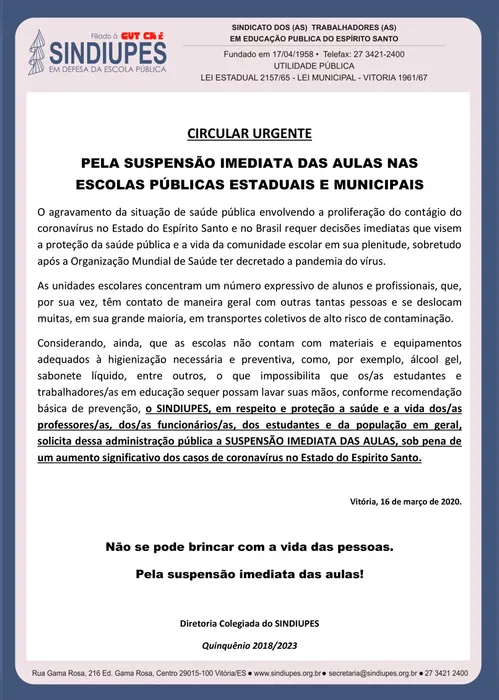 Imagem ilustrativa da imagem Sindicato pede suspensão imediata das aulas no Espírito Santo