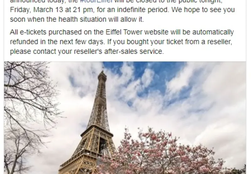 Torre Eiffel fechado por conta do coronavírus