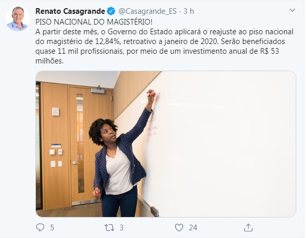 Governador Renato Casagrande anuncia em rede social que Estado vai dar reajuste a professores (Foto: Reprodução/Twitter)