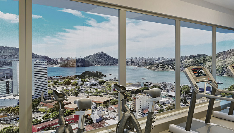 Grand Suá Tower: perspectiva da vista da academia do edifício que será construído na Praia do Suá, com 60 apartamentos de 2 quartos e área de 70m (Foto: Divulgação / Grand Construtora)