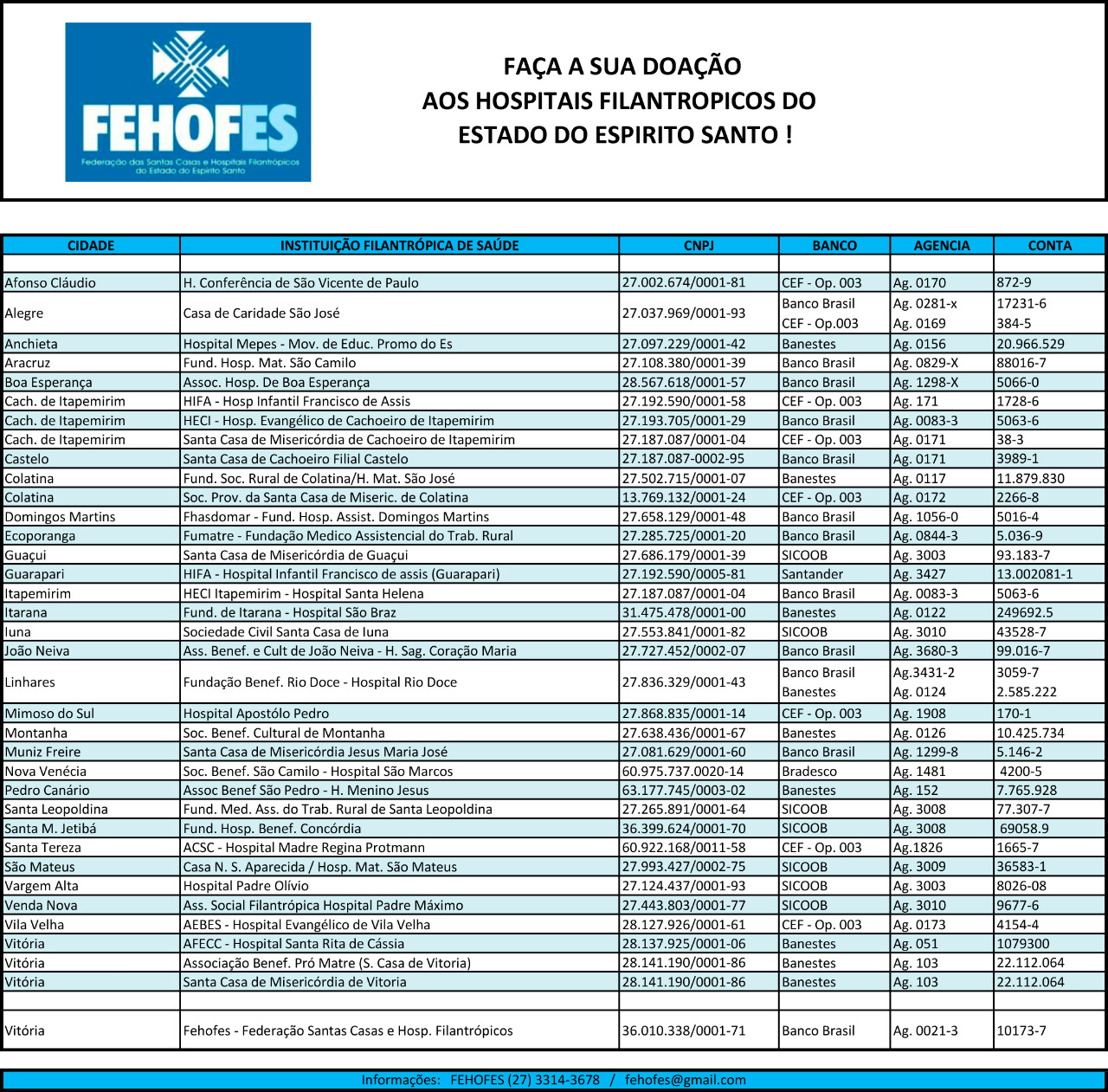 Lista de hospitais (Foto: Divulgação/ Fehofes)