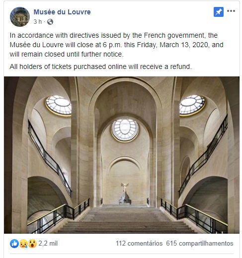 Museu do Louvre emite comunicado sobre coronavírus (Foto: Reprodução/Redes sociais)