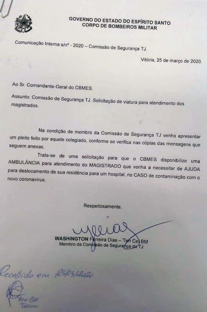 Solicitação de ambulância para magistrados (Foto: Reprodução)