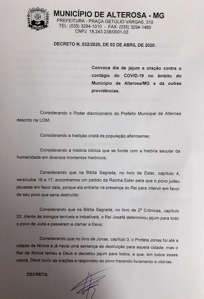 Imagem ilustrativa da imagem Prefeito publica decreto para população orar e jejuar contra coronavírus