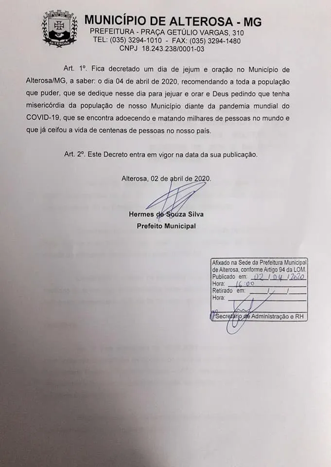 Imagem ilustrativa da imagem Prefeito publica decreto para população orar e jejuar contra coronavírus