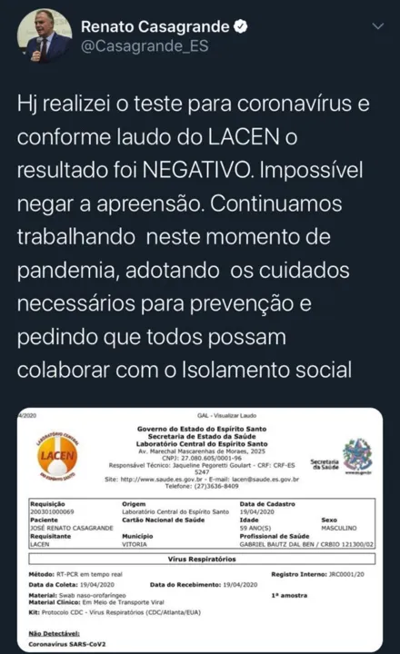 Imagem ilustrativa da imagem Exame aponta que Casagrande não está com novo coronavírus