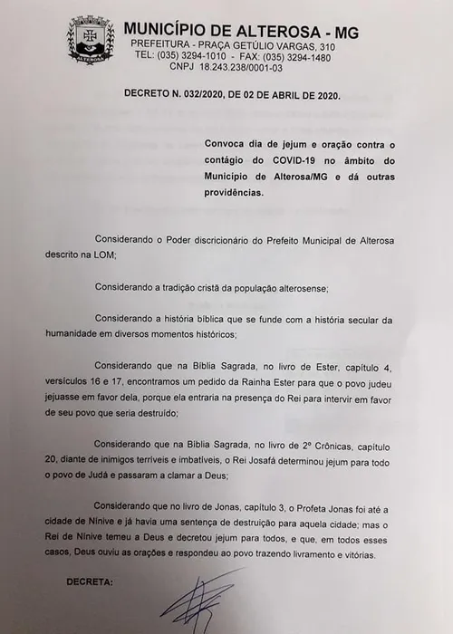 Imagem ilustrativa da imagem Prefeito publica decreto para população orar e jejuar contra coronavírus