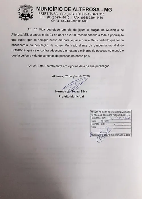 Imagem ilustrativa da imagem Prefeito publica decreto para população orar e jejuar contra coronavírus