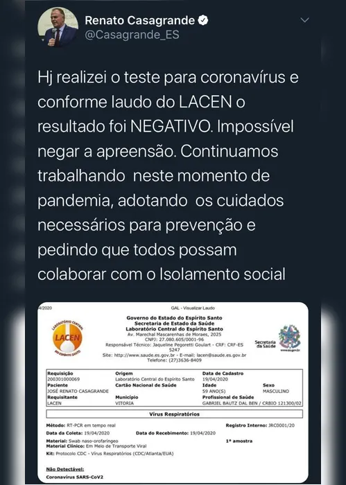Imagem ilustrativa da imagem Exame aponta que Casagrande não está com novo coronavírus