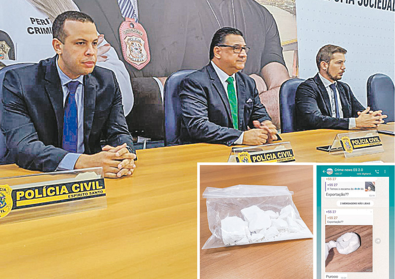 Durante coletiva da Polícia Civil, foram apresentadas a droga (no destaque à esquerda) e diálogos sobre a venda (Foto: Júlia Afonso e Divulgação / PCES)