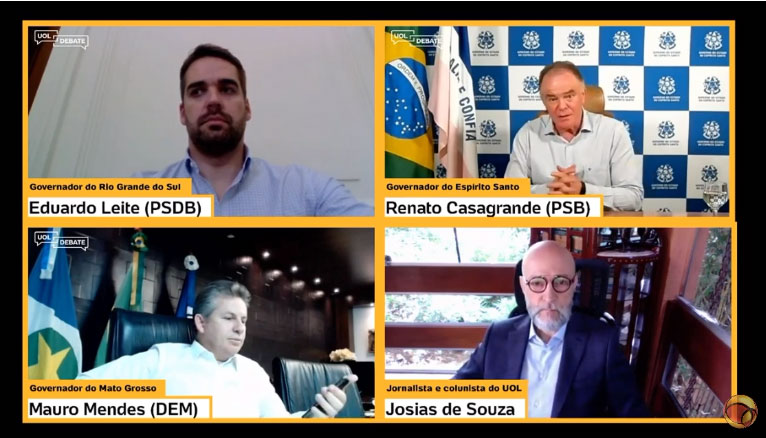 Casagrande participou da coletiva ao lado dos governadores Eduardo Leite e Mauro Mendes, além do jornalista Josias de Souza (Foto: Reprodução / Uol)