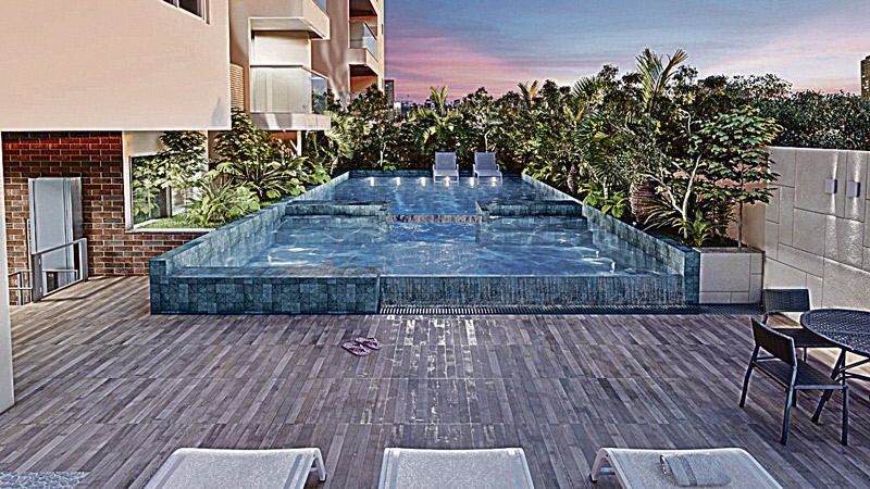 Piscina do edifício Morada Mar do Leste, lançamento na Praia de Itaparica, terá projeto de  paisagismo no entorno (Foto: Divulgação / Grand Construtora)