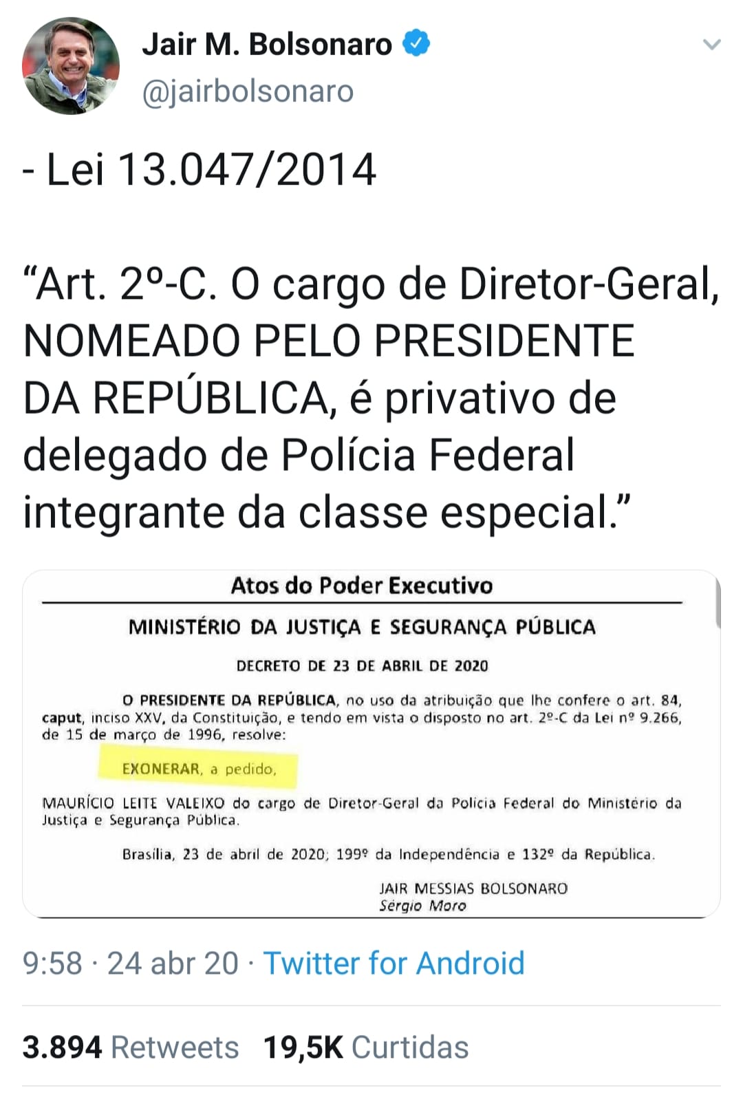Publicação do presidente Jair Bolsonaro no Twitter (Foto: Reprodução/Twitter)