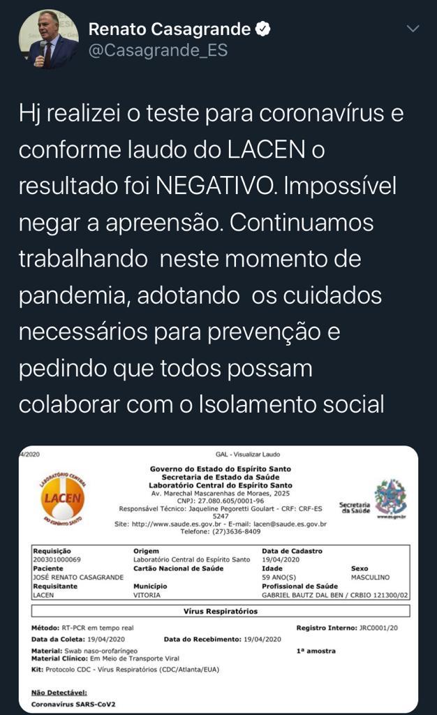 Governador anunciou no Twitter que teste deu negativo para Covid-19 (Foto: Reprodução Twitter)