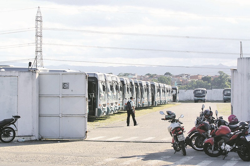 Ônibus ficaram estacionados na garagem da Viação Tabuazeiro, empresa que é responsável por 23 linhas que circulam em Vitória, durante a paralisação (Foto: Leone Iglesias/AT)