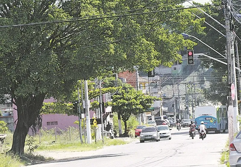 Árvores que precisam de poda, pois atrapalham a visualização do sinal em cruzamento no bairro Rio Marinho, Vila Velha.