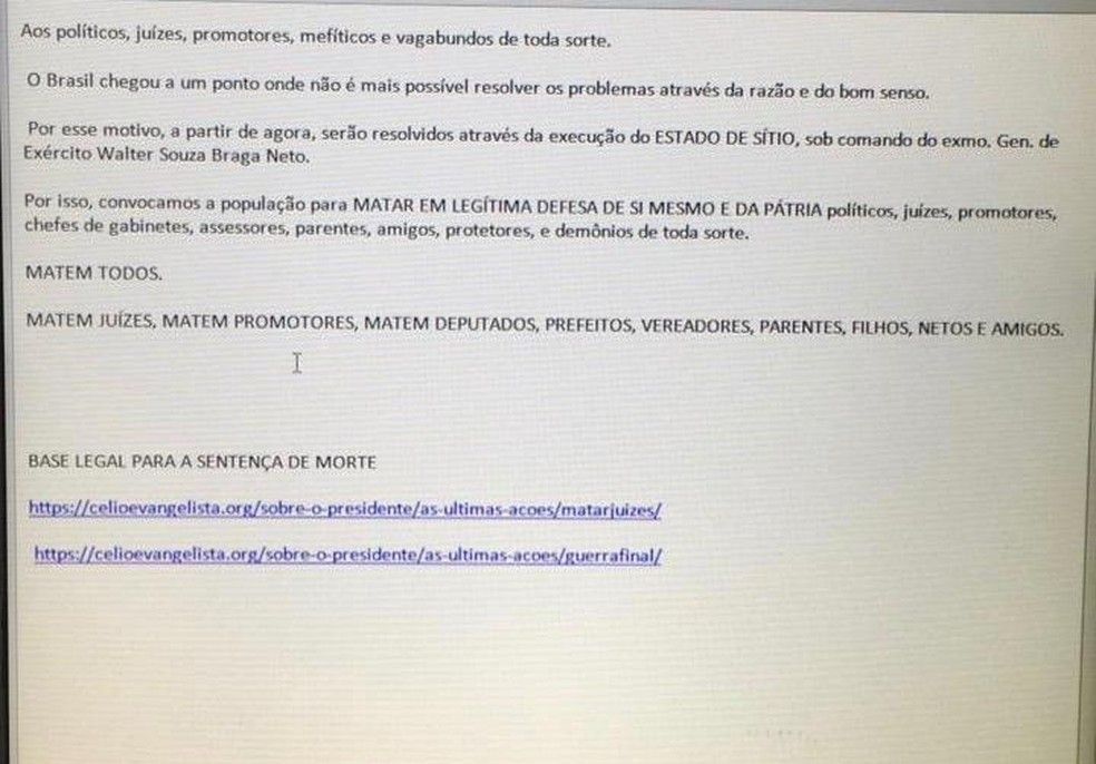 E-mail ameaçando juízes (Foto: PCDF/Reprodução)