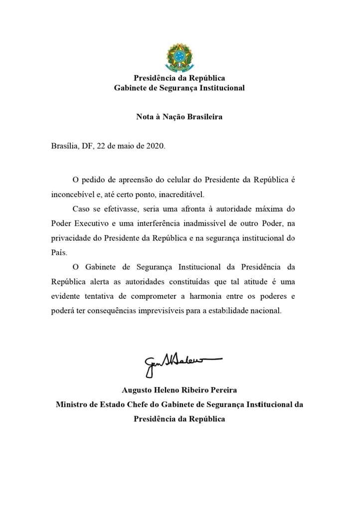 Reprodução da nota do General Augusto Heleno (Foto: Reprodução / Redes Sociais)