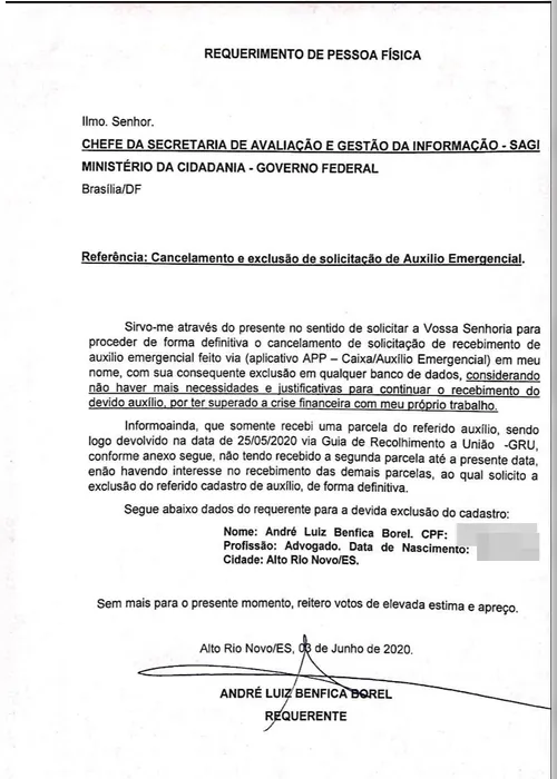 Imagem ilustrativa da imagem Advogado filho de prefeito de cidade capixaba solicita auxílio emergencial