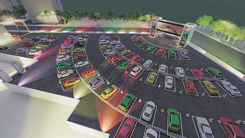 projeção de como vai funcionar cinema em estacionamento de faculdade. (Foto: Divulgação)