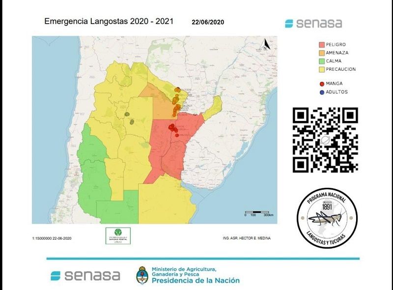 Mapa monitora a nuvem de gafanhotos (Foto: Reprodução/Senasa)