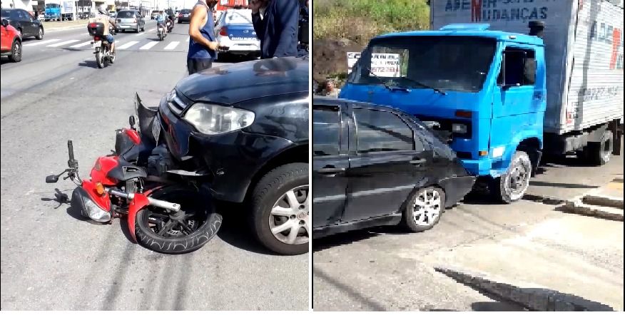 O caminhão teria perdido o freio ao descer avenida e colidiu com carro que estava parado no sinal. Com o impacto, o carro bateu na moto que estava a frente (Foto: Divulgação)