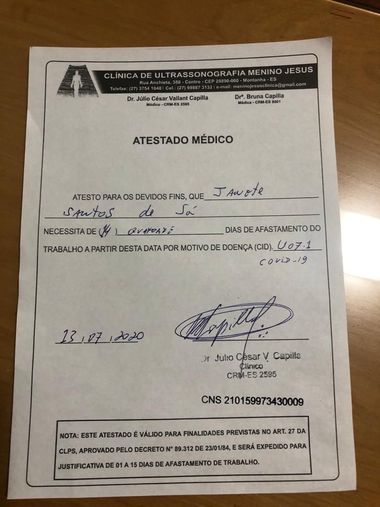 Atestado apresentado pela deputada Janete de Sá à Assembleia (Foto: Divulgação)