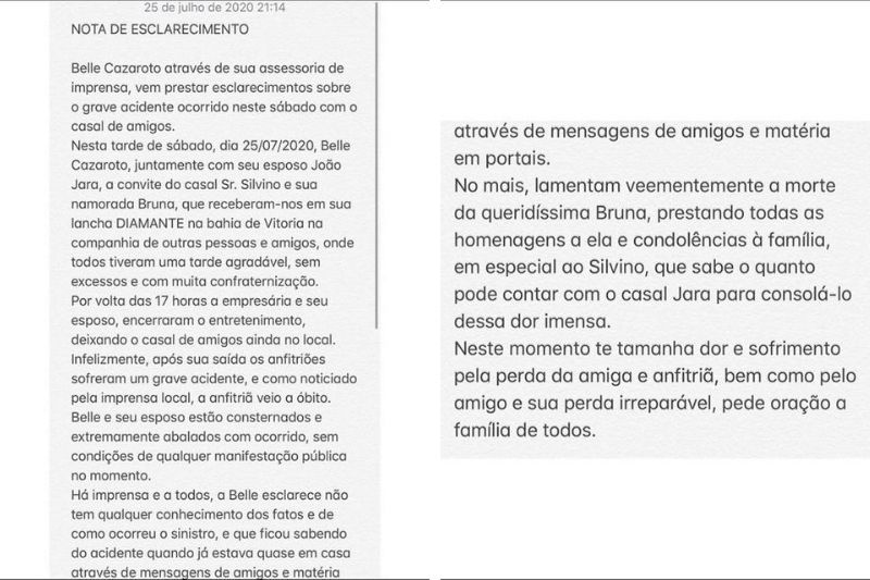 A empresária Belle Cazaroto publicou em uma rede social uma nota de esclarecimento sobre o acidente envolvendo lancha que aconteceu no final da tarde deste sábado (25) (Foto: Divulgação)