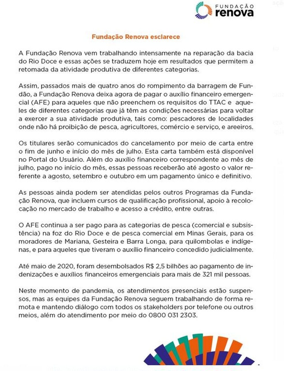 Ofício enviado pela Renova comunicando o fim do pagamento (Foto: Fundação Renova)