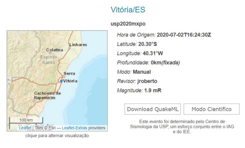 Tremor de magnitude 1.9 é registrado em Vitória (ES) pela Rede Sismográfica Brasileira (Foto: Divulgação/CS da USP)