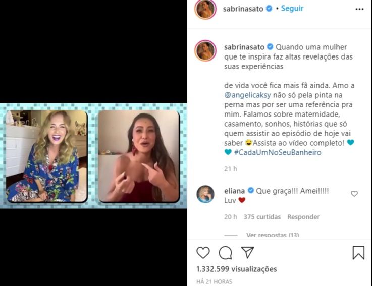 Angélica foi a convidada do programa "Cada Um No Seu Banheiro", do canal do YouTube da apresentadora Sabrina Sato (Foto: Reprodução/Instagram)
