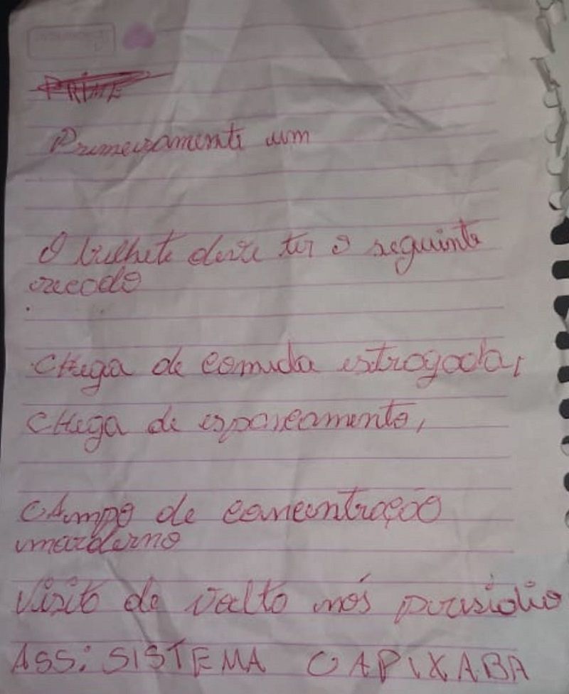 Bilhete deixado durante ataque a ônibus em Vale Esperança, Cariacica. (Foto: Internauta)